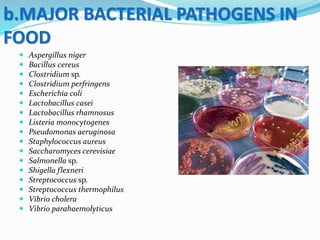  Aspergillus niger
 Bacillus cereus
 Clostridium sp.
 Clostridium perfringens
 Escherichia coli
 Lactobacillus casei
 Lactobacillus rhamnosus
 Listeria monocytogenes
 Pseudomonas aeruginosa
 Staphylococcus aureus
 Saccharomyces cerevisiae
 Salmonella sp.
 Shigella flexneri
 Streptococcus sp.
 Streptococcus thermophilus
 Vibrio cholera
 Vibrio parahaemolyticus
b.MAJOR BACTERIAL PATHOGENS IN
FOOD
 