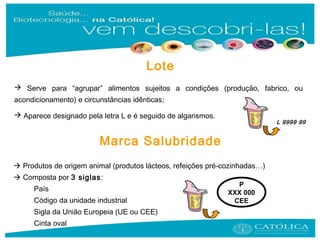  Serve para “agrupar” alimentos sujeitos a condições (produção, fabrico, ou
acondicionamento) e circunstâncias idênticas;
 Aparece designado pela letra L e é seguido de algarismos.
L 9999 99
Lote
Marca Salubridade
 Produtos de origem animal (produtos lácteos, refeições pré-cozinhadas…)
 Composta por 3 siglas:
País
Código da unidade industrial
Sigla da União Europeia (UE ou CEE)
Cinta oval
P
XXX 000
CEE
 