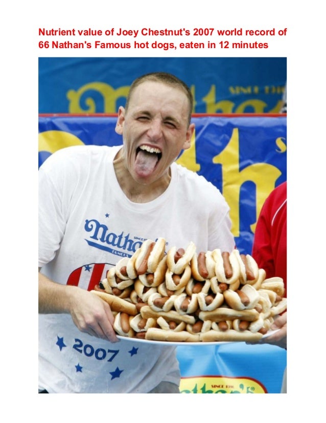 Joey Chestnut's 2007 world record of 66 Nathan's Famous hot dogs, eat…