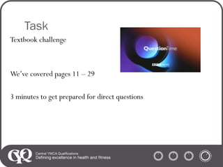 Task
Textbook challenge

We’ve covered pages 11 – 29
3 minutes to get prepared for direct questions

 