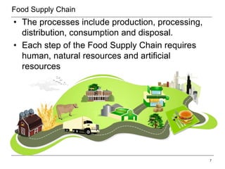Food Supply Chain
• The processes include production, processing,
distribution, consumption and disposal.
• Each step of the Food Supply Chain requires
human, natural resources and artificial
resources
7
 