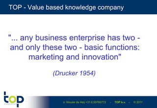TOP - Value based knowledge company



"... any business enterprise has two -
 and only these two - basic functions:
       marketing and innovation"
             (Drucker 1954)



                ir. Wouter de Heij +31.6.55765772   -   TOP b.v.   -   © 2011
 