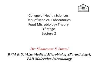 College of Health Sciences
Dep. of Medical Laboratories
Food Microbiology Theory
3rd stage
Lecture 2
Dr: Shameeran S. Ismael
BVM & S, M.Sc Medical Microbiology(Parasitology),
PhD Molecular Parasitology
 