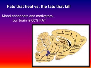 Fats that heal vs. the fats that kill

Mood enhancers and motivators.
      our brain is 60% FAT
 