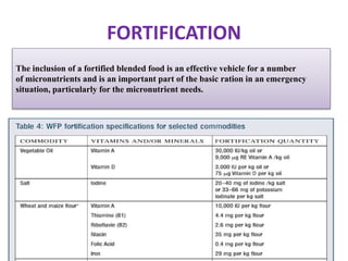 FORTIFICATION
The inclusion of a fortified blended food is an effective vehicle for a number
of micronutrients and is an important part of the basic ration in an emergency
situation, particularly for the micronutrient needs.
 