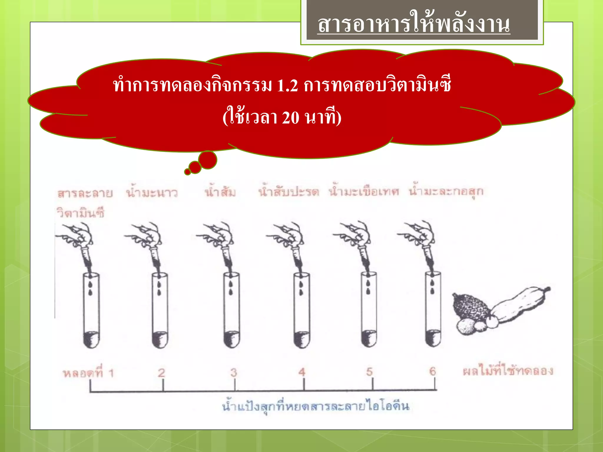 ทาการทดลองกิจกรรม 1.2 การทดสอบวิตามินซี
(ใช้เวลา 20 นาที)
สารอาหารให้พลังงาน
 