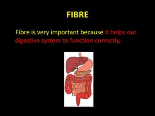 FIBRE
Fibre is very important because it helps our
digestive system to function correctly.
 