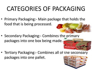CATEGORIES OF PACKAGING
• Primary Packaging:- Main package that holds the
food that is being processed.
• Secondary Packaging:- Combines the primary
packages into one box being made.
• Tertiary Packaging:- Combines all of the secondary
packages into one pallet.
 