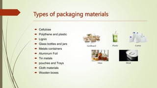 Types of packaging materials
 Cellulose
 Polythene and plastic
 Lignin
 Glass bottles and jars
 Metals containers
 Aluminum Foil
 Tin metals
 pouches and Trays
 Cloth materials
 Wooden boxes
 