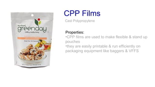 CPP Films
Cast Polypropylene
Properties:
•CPP films are used to package baked goods,
confectionary items
•they’re also used to make flexible & stand up
pouches
•they are easily printable & run efficiently on
packaging equipment like baggers & VFFS
 