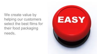 We can
We can
We create value by
helping our customers
select the best films for
their food packaging
needs.
 