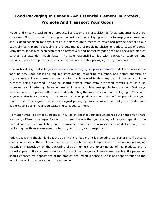 Food Packaging In Canada An Essential Element To Protect, Promote A…