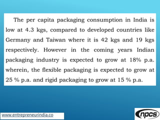www.entrepreneurindia.co
The per capita packaging consumption in India is
low at 4.3 kgs, compared to developed countries ...