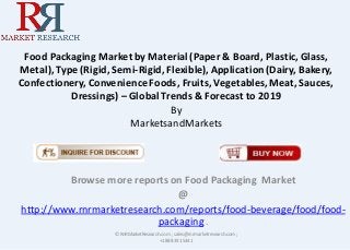 Food Packaging Market by Material (Paper & Board, Plastic, Glass,
Metal), Type (Rigid, Semi-Rigid, Flexible), Application(Dairy, Bakery,
Confectionery, ConvenienceFoods, Fruits, Vegetables, Meat, Sauces,
Dressings) – Global Trends & Forecast to 2019
By
MarketsandMarkets
Browse more reports on Food Packaging Market
@
http://www.rnrmarketresearch.com/reports/food-beverage/food/food-
packaging .
© RnRMarketResearch.com ; sales@rnrmarketresearch.com;
+1 888 391 5441
 