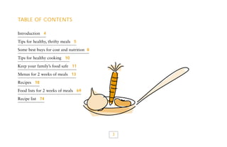 TABLE OF CONTENTS
Introduction 4
Tips for healthy, thrifty meals 5
Some best buys for cost and nutrition 8
Tips for healthy cooking 10
Keep your family’s food safe 11
Menus for 2 weeks of meals 13
Recipes 18
Food lists for 2 weeks of meals 69
Recipe list 74

3

 
