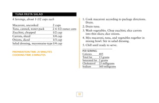 TUNA PASTA SALAD

1. Cook macaroni according to package directions.
Drain.
2. Drain tuna.
3. Wash vegetables. Chop zucchini; slice carrots
into thin slices; dice onions.
4. Mix macaroni, tuna, and vegetables together in
mixing bowl. Stir in salad dressing.
5. Chill until ready to serve.

4 Servings, about 1-1/2 cups each
Macaroni, uncooked
2 cups
Tuna, canned, water-pack
2 6-1/2-ounce cans
Zucchini, chopped
1/2 cup
Carrots, sliced
1/4 cup
Onions, diced
1/3 cup
Salad dressing, mayonnaise-type1/4 cup

PER SERVING:

PREPARATION TIME: 25 MINUTES
COOKING TIME: 8 MINUTES

Calories
Total fat
Saturated fat
Cholesterol
Sodium

32

405
13 grams
2 grams
25 milligrams
360 milligrams

 