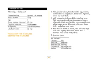 TURKEY PATTIES

1. Mix ground turkey, bread crumbs, egg, onions,
and mustard in large bowl. Shape into 4 patties,
about 1/2-inch thick.
2. Melt margarine in large skillet over low heat.
Add patties and cook, turning once to brown
other side. Cook until golden brown outside and
white inside, about 10 minutes. Remove from
skillet and place onto plate.
3. Add chicken broth to skillet, and boil over high
heat until slightly thickened, about 1 to 2
minutes. Pour sauce over patties.
4. Serve on buns.

4 Servings, 1 patty each
Ground turkey
Bread crumbs
Egg
Green onions, chopped
Prepared mustard
Margarine
Chicken broth

1 pound + 4 ounces
1 cup
1
1/4 cup
1 tablespoon
1-1/2 tablespoons
1/2 cup

PREPARATION TIME: 15 MINUTES
COOKING TIME: 10 MINUTES

PER SERVING:

Calories
Total fat
Saturated fat
Cholesterol
Sodium

41

305
18 grams
5 grams
149 milligrams
636 milligrams

 