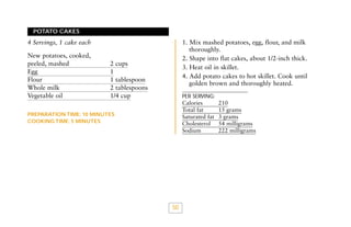 POTATO CAKES

1. Mix mashed potatoes, egg, flour, and milk
thoroughly.
2. Shape into flat cakes, about 1/2-inch thick.
3. Heat oil in skillet.
4. Add potato cakes to hot skillet. Cook until
golden brown and thoroughly heated.

4 Servings, 1 cake each
New potatoes, cooked,
peeled, mashed
Egg
Flour
Whole milk
Vegetable oil

2 cups
1
1 tablespoon
2 tablespoons
1/4 cup

PER SERVING:

Calories
Total fat
Saturated fat
Cholesterol
Sodium

PREPARATION TIME: 10 MINUTES
COOKING TIME: 5 MINUTES

50

210
15 grams
3 grams
54 milligrams
222 milligrams

 