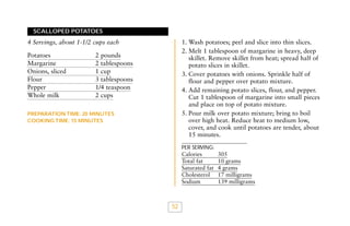 SCALLOPED POTATOES

1. Wash potatoes; peel and slice into thin slices.
2. Melt 1 tablespoon of margarine in heavy, deep
skillet. Remove skillet from heat; spread half of
potato slices in skillet.
3. Cover potatoes with onions. Sprinkle half of
flour and pepper over potato mixture.
4. Add remaining potato slices, flour, and pepper.
Cut 1 tablespoon of margarine into small pieces
and place on top of potato mixture.
5. Pour milk over potato mixture; bring to boil
over high heat. Reduce heat to medium low,
cover, and cook until potatoes are tender, about
15 minutes.

4 Servings, about 1-1/2 cups each
Potatoes
Margarine
Onions, sliced
Flour
Pepper
Whole milk

2 pounds
2 tablespoons
1 cup
3 tablespoons
1/4 teaspoon
2 cups

PREPARATION TIME: 20 MINUTES
COOKING TIME: 15 MINUTES

PER SERVING:

Calories
Total fat
Saturated fat
Cholesterol
Sodium

52

305
10 grams
4 grams
17 milligrams
139 milligrams

 