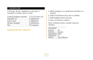 CHICKPEA DIP

1. Mash chickpeas in a small bowl until they are
smooth.
2. Add oil and lemon juice; stir to combine.
3. Add chopped onions and salt.
4. Serve on bread or crackers.

4 Servings, about 3 tablespoons each, plus 4
servings for another meal or snack.
Canned chickpeas, drained
Vegetable oil
Lemon juice
Onions, chopped
Salt

1 15-1/2-ounce can
2 tablespoons
1 tablespoon
2 tablespoons
1/2 teaspoon

Note: Garbanzo bean is another name for
chickpea.
PER SERVING:

Calories
Total fat
Saturated fat
Cholesterol
Sodium

PREPARATION TIME: 10 MINUTES

54

90
4 grams
Trace
0
148 milligrams

 