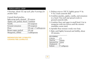 PEACH-APPLE CRISP

1. Preheat oven to 350˚ F. Lightly grease 9- by
9- by 2-inch casserole dish.
2. Combine peaches, apples, vanilla, and cinnamon
in a bowl. Toss well and spread evenly in
greased casserole dish.
3. Combine flour and sugar in small bowl. Cut in
margarine with two knives until the mixture
resembles coarse meal.
4. Sprinkle flour mixture evenly over fruit.
5. Bake until lightly browned and bubbly, about
20 minutes.

4 Servings, about 1/2 cup each, plus 4 servings for
another meal
Canned sliced peaches,
light-syrup pack, drained
Apples, tart, peeled, sliced
Vanilla
Ground cinnamon
Flour
Brown sugar, packed
Margarine, chilled

20 ounces
2 medium
1/2 teaspoon
1/4 teaspoon
3/4 cup + 3 tablespoons
1/4 cup
3 tablespoons

PER SERVING:

PREPARATION TIME: 20 MINUTES
COOKING TIME: 20 MINUTES

Calories
Total fat
Saturated fat
Cholesterol
Sodium

65

175
5 grams
1 gram
0
57 milligrams

 