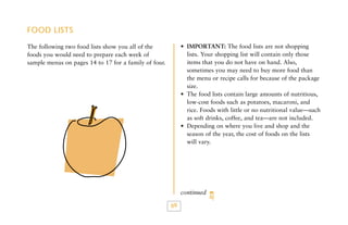 FOOD LISTS
• IMPORTANT: The food lists are not shopping
lists. Your shopping list will contain only those
items that you do not have on hand. Also,
sometimes you may need to buy more food than
the menu or recipe calls for because of the package
size.
• The food lists contain large amounts of nutritious,
low-cost foods such as potatoes, macaroni, and
rice. Foods with little or no nutritional value—such
as soft drinks, coffee, and tea—are not included.
• Depending on where you live and shop and the
season of the year, the cost of foods on the lists
will vary.

The following two food lists show you all of the
foods you would need to prepare each week of
sample menus on pages 14 to 17 for a family of four.

continued

69

 