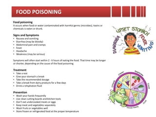 FOOD POISONING
Food poisoning
It occurs when food or water contaminated with harmful germs (microbes), toxins or
chemicals is eaten or drunk.
Signs and Symptoms
• Nausea and vomiting
• Diarrhea (may be bloody)
• Abdominal pain and cramps
• Fever
• Headache
• Weakness (may be serious)
Symptoms will often start within 2 - 6 hours of eating the food. That time may be longer
or shorter, depending on the cause of the food poisoning.
Treatment
• Take a rest
• Give your stomach a break
• Take the recommended dosage
• Take a break from dairy products for a few days
• Drink a rehydration fluid
Prevention
• Wash your hands frequently
• Use clean cutting boards and kitchen tools
• Don’t eat undercooked meats or eggs
• Keep meat and vegetables separately
• Wash fruits or vegetables well
• Store frozen or refrigerated food at the proper temperature
 