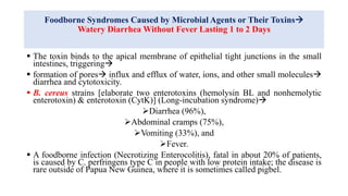 Foodborne Syndromes Caused by Microbial Agents or Their Toxins
Watery Diarrhea Without Fever Lasting 1 to 2 Days
 The toxin binds to the apical membrane of epithelial tight junctions in the small
intestines, triggering
 formation of pores influx and efflux of water, ions, and other small molecules
diarrhea and cytotoxicity.
 B. cereus strains [elaborate two enterotoxins (hemolysin BL and nonhemolytic
enterotoxin) & enterotoxin (CytK)] (Long-incubation syndrome)
Diarrhea (96%),
Abdominal cramps (75%),
Vomiting (33%), and
Fever.
 A foodborne infection (Necrotizing Enterocolitis), fatal in about 20% of patients,
is caused by C. perfringens type C in people with low protein intake; the disease is
rare outside of Papua New Guinea, where it is sometimes called pigbel.
 
