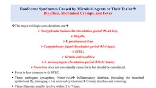 Foodborne Syndromes Caused by Microbial Agents or Their Toxins
Diarrhea, Abdominal Cramps, and Fever
The major etiologic considerations are
Nontyphoidal Salmonella (Incubation period6-48 hrs),
Shigella,
V. parahaemolyticus
Campylobacter jejuni (Incubation period2-4 days),
STEC,
Yersinia enterocolitica
L. monocytogens (Incubation period20-31 hours)
Norovirus does not consistently cause fever but should be considered.
 Fever is less common with STEC.
 These pathogens (exception, Norovirus) Inflammatory diarrhea, (invading the intestinal
epithelium Or, damaging it via secreted cytotoxins) Bloody diarrhea and vomiting.
 These illnesses usually resolve within 2 to 7 days.
 