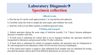 Laboratory Diagnosis
Specimen collection
Rectal swabs
a. Pass the tip of a sterile swab approximately 1 in. beyond the anal sphincter.
b. Carefully rotate the swab to sample the anal crypts, and withdraw the swab.
c. Send the swab in Cary-Blair medium or buffered glycerol saline.
Timing and transport
1. Submit specimen during the acute stage of infection (usually 5 to 7 days), because pathogens
decrease in number with time.
2. If fresh stool is submitted for culture that is not in transport medium, the specimen should be
transported to laboratory and processed within 2 h after collection.
3. If fresh stool is submitted for culture in transport medium, the specimen may be refrigerated at
4C and transported to the laboratory within 24 h for the best recovery of pathogens.
4. If the initial stool culture is negative, then additional fecal samples may be submitted for testing
provided the patient collects them from different defecations on successive days.
 