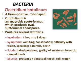 BACTERIA
• A Gram-positive, rod-shaped
• C. botulinum is
an anaerobic spore-former,
which produces oval,
subterminal endospores.
• Produces several exotoxins.
Clostridium botulinum
– Incubation: 4 hours to 8 days
– Symptoms: vomiting; constipation; difficulty with
vision, speaking; paralysis, death
– Foods: baked potatoes, garlic/ oil mixtures, low-acid
canned foods
– Sources: present on almost all foods, soil, water
 