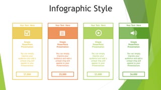Infographic Style
Your Text Here
Simple
PowerPoint
Presentation
You can simply
impress your
audience and add a
unique zing and
appeal to your
Presentations
$7,000
Your Text Here
Simple
PowerPoint
Presentation
You can simply
impress your
audience and add a
unique zing and
appeal to your
Presentations
$5,000
Your Text Here
Simple
PowerPoint
Presentation
You can simply
impress your
audience and add a
unique zing and
appeal to your
Presentations
$3,000
Your Text Here
Simple
PowerPoint
Presentation
You can simply
impress your
audience and add a
unique zing and
appeal to your
Presentations
$6,000
 
