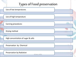 Types ofFoodpreservation
Use of low temperatures
Use of high temperature
Canning procedures
Drying method
High concentration of sugar & salts
Preservation by Chemical
Preservation by Radiation
ASTHA K. PATEL 6
 