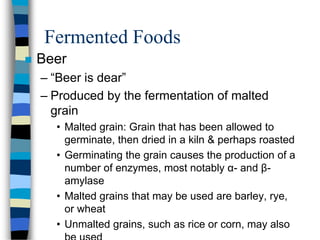Fermented Foods
 Beer
– “Beer is dear”
– Produced by the fermentation of malted
grain
• Malted grain: Grain that has been allowed to
germinate, then dried in a kiln & perhaps roasted
• Germinating the grain causes the production of a
number of enzymes, most notably α- and β-
amylase
• Malted grains that may be used are barley, rye,
or wheat
• Unmalted grains, such as rice or corn, may also
 