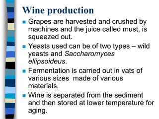 Wine production
 Grapes are harvested and crushed by
machines and the juice called must, is
squeezed out.
 Yeasts used can be of two types – wild
yeasts and Saccharomyces
ellipsoideus.
 Fermentation is carried out in vats of
various sizes made of various
materials.
 Wine is separated from the sediment
and then stored at lower temperature for
aging.
 