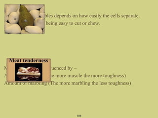 Tenderness:
In fruits and vegetables depends on how easily the cells separate.
The quality of food being easy to cut or chew.
Meat tenderness is influenced by –
Amount of muscle (The more muscle the more toughness)
Amount of marbling (The more marbling the less toughness)
109
 