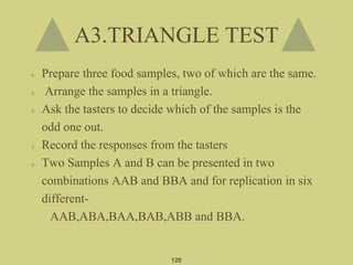 Prepare three food samples, two of which are the same.
Arrange the samples in a triangle.
Ask the tasters to decide which of the samples is the
odd one out.
Record the responses from the tasters
Two Samples A and B can be presented in two
combinations AAB and BBA and for replication in six
different-
AAB,ABA,BAA,BAB,ABB and BBA.
A3.TRIANGLE TEST
120
 