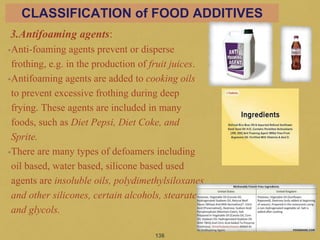 3.Antifoaming agents:
•Anti-foaming agents prevent or disperse
frothing, e.g. in the production of fruit juices.
•Antifoaming agents are added to cooking oils
to prevent excessive frothing during deep
frying. These agents are included in many
foods, such as Diet Pepsi, Diet Coke, and
Sprite.
•There are many types of defoamers including
oil based, water based, silicone based used
agents are insoluble oils, polydimethylsiloxanes
and other silicones, certain alcohols, stearate
and glycols.
136
CLASSIFICATION of FOOD ADDITIVES
 