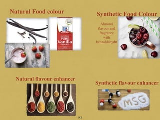 143
Natural Food colour Synthetic Food Colour
Almond
flavour and
fragrance
with
benzaldehyde
Natural flavour enhancer
Synthetic flavour enhancer
 