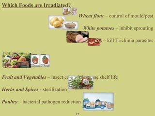 Which Foods are Irradiated?
Wheat flour – control of mould/pest
White potatoes – inhibit sprouting
Pork – kill Trichinia parasites
Fruit and Vegetables – insect control; increase shelf life
Herbs and Spices - sterilization
Poultry – bacterial pathogen reduction
71
 