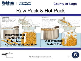 Raw Pack & Hot Pack



Disadvantages:
• Floating food
• Air bubbles                             Disadvantage:
• Discoloration over time                 • Texture loss



                  http://homefoodpreservation.usu.edu      15
 