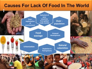 Causes For Lack Of Food In The World 
Over-exploitation 
of 
environment 
Over - 
population 
Exclusion of 
poor 
countries 
from global 
trade market 
Unequal 
development 
Food 
wastage 
Depletion in 
food granary 
Natural 
calamities 
Urbanization 
 