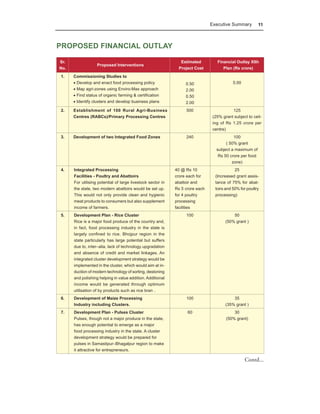 Executive Summary          11



PROPOSED FINANCIAL OUTLAY

Sr.                                                            Estimated          Financial Outlay XIth
                   Proposed Interventions
No.                                                           Project Cost           Plan (Rs crore)
1.    Commissioning Studies to
      • Develop and enact food processing policy                  0.50                     5.00
      • Map agri-zones using Enviro-Max approach                  2.00
      • Find status of organic farming & certification            0.50
      • Identify clusters and develop business plans              2.00
2.    Establishment of 100 Rural Agri-Business                    500                     125
      Centres (RABCs)/Primary Processing Centres                                (25% grant subject to ceil-
                                                                                ing of Rs 1.25 crore per
                                                                                centre)
3.    Development of two Integrated Food Zones                    240                      100
                                                                                       ( 50% grant
                                                                                  subject a maximum of
                                                                                   Rs 50 crore per food
                                                                                          zone)
4.    Integrated Processing                                  40 @ Rs 10                     25
      Facilities - Poultry and Abattoirs                     crore each for      (Increased grant assis-
      For utilising potential of large livestock sector in   abattoir and        tance of 75% for abat-
      the state, two modern abattoirs would be set up.       Rs 5 crore each     toirs and 50% for poultry
      This would not only provide clean and hygienic         for 4 poultry       processing)
      meat products to consumers but also supplement         processing
      income of farmers.                                     facilities
5.    Development Plan - Rice Cluster                             100                      50
      Rice is a major food produce of the country and,                                 (50% grant )
      in fact, food processing industry in the state is
      largely confined to rice. Bhojpur region in the
      state particularly has large potential but suffers
      due to, inter–alia, lack of technology upgradation
      and absence of credit and market linkages. An
      integrated cluster development strategy would be
      implemented in the cluster, which would aim at in-
      duction of modern technology of sorting, destoning
      and polishing helping in value addition. Additional
      income would be generated through optimum
      utilisation of by products such as rice bran .
6.    Development of Maize Processing                             100                      35
      Industry including Clusters.                                                     (35% grant )
7.    Development Plan - Pulses Cluster                            60                      30
      Pulses, though not a major produce in the state,                                 (50% grant)
      has enough potential to emerge as a major
      food processing industry in the state. A cluster
      development strategy would be prepared for
      pulses in Samastipur–Bhagalpur region to make
      it attractive for entrepreneurs.

                                                                                                  Contd...
 