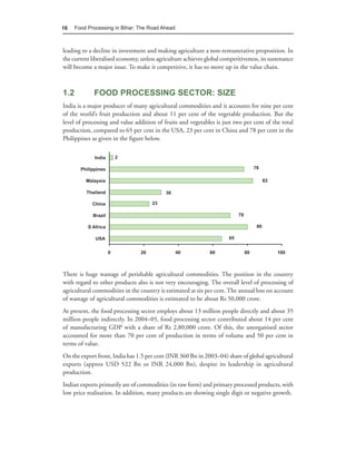 16    Food Processing in Bihar: The Road Ahead



leading to a decline in investment and making agriculture a non-remunerative proposition. In
the current liberalised economy, unless agriculture achieves global competitiveness, its sustenance
will become a major issue. To make it competitive, it has to move up in the value chain.



1.2          FOOD PROCESSING SECTOR: SIZE
India is a major producer of many agricultural commodities and it accounts for nine per cent
of the world’s fruit production and about 11 per cent of the vegetable production. But the
level of processing and value addition of fruits and vegetables is just two per cent of the total
production, compared to 65 per cent in the USA, 23 per cent in China and 78 per cent in the
Philippines as given in the figure below.




There is huge wastage of perishable agricultural commodities. The position in the country
with regard to other products also is not very encouraging. The overall level of processing of
agricultural commodities in the country is estimated at six per cent. The annual loss on account
of wastage of agricultural commodities is estimated to be about Rs 50,000 crore.
At present, the food processing sector employs about 13 million people directly and about 35
million people indirectly. In 2004–05, food processing sector contributed about 14 per cent
of manufacturing GDP with a share of Rs 2,80,000 crore. Of this, the unorganised sector
accounted for more than 70 per cent of production in terms of volume and 50 per cent in
terms of value.
On the export front, India has 1.5 per cent (INR 360 Bn in 2003–04) share of global agricultural
exports (approx USD 522 Bn or INR 24,000 Bn), despite its leadership in agricultural
production.
Indian exports primarily are of commodities (in raw form) and primary processed products, with
low price realisation. In addition, many products are showing single digit or negative growth.
 