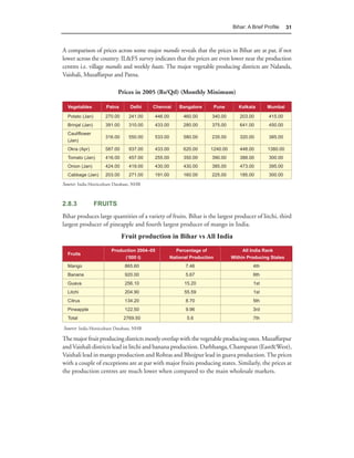 Bihar: A Brief Proﬁle     31



A comparison of prices across some major mandis reveals that the prices in Bihar are at par, if not
lower across the country. IL&FS survey indicates that the prices are even lower near the production
centres i.e. village mandis and weekly haats. The major vegetable producing districts are Nalanda,
Vaishali, Muzaffarpur and Patna.

                            Prices in 2005 (Rs/Qtl) (Monthly Minimum)

  Vegetables          Patna       Delhi    Chennai      Bangalore         Pune      Kolkata     Mumbai

  Potato (Jan)        270.00      241.00   446.00         460.00      340.00        203.00       415.00
  Brinjal (Jan)       391.00      310.00   433.00         280.00      375.00        641.00       450.00
  Cauliflower
                      316.00      550.00   533.00         580.00      235.00        320.00       385.00
  (Jan)
  Okra (Apr)          587.00      937.00   433.00         620.00     1240.00        448.00      1380.00
  Tomato (Jan)        416.00      457.00   255.00         350.00      390.00        388.00       300.00
  Onion (Jan)         424.00      419.00   430.00         430.00      385.00        473.00       395.00
  Cabbage (Jan)       203.00      271.00   191.00         160.00      225.00        185.00       300.00

Source: India Horticulture Database, NHB


2.8.3             FRUITS
Bihar produces large quantities of a variety of fruits. Bihar is the largest producer of litchi, third
largest producer of pineapple and fourth largest producer of mango in India.
                               Fruit production in Bihar vs All India
                         Production 2004–05           Percentage of                   All India Rank
  Fruits
                              (‘000 t)              National Production          Within Producing States
  Mango                         865.60                    7.46                            4th
  Banana                        920.00                    5.67                            6th
  Guava                         256.10                    15.20                           1st
  Litchi                        204.90                    55.59                           1st
  Citrus                        134.20                    8.70                            5th
  Pineapple                     122.50                    9.96                            3rd
  Total                        2769.50                     5.6                            7th

Source: India Horticulture Database, NHB

The major fruit producing districts mostly overlap with the vegetable producing ones. Muzaffarpur
and Vaishali districts lead in litchi and banana production. Darbhanga, Champaran (East&West),
Vaishali lead in mango production and Rohtas and Bhojpur lead in guava production. The prices
with a couple of exceptions are at par with major fruits producing states. Similarly, the prices at
the production centres are much lower when compared to the main wholesale markets.
 