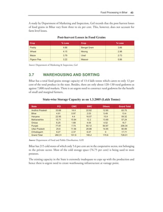 Food Processing in Bihar   43



A study by Department of Marketing and Inspection, GoI records that the post-harvest losses
of food grains in Bihar vary from three to six per cent. This, however, does not account for
farm level losses.

                            Post-harvest Losses in Food Grains
 Crop                             % Loss            Crop                         % Loss

 Paddy                             4.88             Bengal Gram                   3.66
 Wheat                             4.15             Moong                         2.98
 Maize                             3.79             Urad                          2.73
 Pigeon Pea                        3.22             Masoor                        5.66

Source: Department of Marketing & Inspection, GoI



3.7           WAREHOUSING AND SORTING
Bihar has a total food grains storage capacity of 13.4 lakh tonne which caters to only 12 per
cent of the total produce in the state. Besides, there are only about 120–130 rural godowns as
against 7,000 rural markets. There is an urgent need to construct rural godowns for the benefit
of small and marginal farmers.

              State-wise Storage Capacity as on 1.3.2005 (Lakh Tonne)

  State                     FCI            CWC             SWC      Others         Grand Total
  Andhra Pradesh           33.68            14.4           22.82     12.85            83.75
  Bihar                     4.91            0.97            2.03      5.49             13.4
  Haryana                  22.95             4.4           16.07      15.9            59.32
  Maharashtra              15.71           15.64            12.2     13.69            57.24
  Orissa                    6.25            1.88            4.05      4.52             16.7
  Punjab                   77.81            7.74           60.12     60.67           206.34
  Uttar Pradesh             25.6           11.56           28.88     14.95            80.99
  Chhatisgarh               9.27            2.37            6.07        0             17.71
  Grand Total             260.31           101.9           195.2     170.6           728.01

Source: Department of Food and Public Distribution, GOI

Bihar has 215 cold stores of which only 5.6 per cent are in the cooperative sector, rest belonging
to the private sector. Most of the cold storage space (76.75 per cent) is being used to store
potatoes.
The existing capacity in the State is extremely inadequate to cope up with the production and
hence there is urgent need to create warehousing infrastructure at vantage point.
 