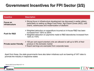 56
Government Incentives for FPI Sector (2/2)Government Incentives for FPI Sector (2/2)
Source: MOFPI Annual Report 2011-12
Incentive Description
Focus on
infrastructure
 Strong focus in infrastructure development (as discussed in earlier slides),
particularly on setting up Mega Food Parks, Agri Export Zones (AEZ), cold
chains, warehouses and modernization of abattoirs
Push for R&D
 Weighted deduction on expenditure incurred on in-house R&D has been
increased from 150% to 200%
 Weighted deduction on payments made to R&D laboratories increased from
125% to 175%
Private sector friendly
 100 per cent export-oriented units are allowed to sell up to 50% of their
produce in the domestic market
 Export earnings are exempted from corporate taxes
Apart from these, the state governments have also taken initiatives such as lowering of VAT rates to
promote the industry in respective states
56
 