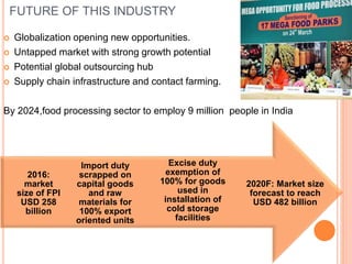 FUTURE OF THIS INDUSTRY
 Globalization opening new opportunities.
 Untapped market with strong growth potential
 Potential global outsourcing hub
 Supply chain infrastructure and contact farming.
By 2024,food processing sector to employ 9 million people in India
2020F: Market size
forecast to reach
USD 482 billion
Excise duty
exemption of
100% for goods
used in
installation of
cold storage
facilities
Import duty
scrapped on
capital goods
and raw
materials for
100% export
oriented units
2016:
market
size of FPI
USD 258
billion
 