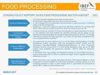 2929MARCH 2017 For updated information, please visit www.ibef.org
Focus on infrastructure
• The sector has been assigned priority status for bank credit.
• 60 Agri Export Zones (AEZ) have been set up across the country
• In Union Budget 2015-16, government has announced to make a provision of USD53.8
million to develop infrastructure
• Kwality Ltd., a dairy firm, signed an agreement with Bank of Baroda for providing USD
594.97 million loans to one lakh farmers from whom the company procures milk
Incentives for
development of storage
facilities
• Investment-linked tax incentive of 100 per cent deduction of capital expenditure for setting
up and operating cold chain facilities (for specified products), and for setting up and
operating warehousing facilities (for storage of agricultural produce). Till 2015, 112 storage
infrastructure projects have been approved, out of which 50 have been completed and 62
are in progress towards completion
Source: Ministry of Food Processing Industries (MOFPI), APEDA, TechSci Research
FOOD PROCESSING
STRONG POLICY SUPPORT GIVES FOOD PROCESSING SECTOR A BOOST … (2/2)
Focus on R&D and
modernisation
• The government launched initiatives such as for the Setting Up/Upgradation of Quality
Control/Food Testing Laboratory, R&D and Promotional Activity scheme and the
Technology Upgradation/Setting Up/Modernisation/Expansion of Food Processing
Industries Scheme. During 2014-15, 8 food testing laboratories were set up, 20 R&D
projects were completed and government allocated USD4.9 million for mentioned
initiatives.
• In November 2016, Food Safety and Standards Authority of India (FSSAI) launched a
major scheme worth USD 72 million, to address the urgent needs to upgrade food testing
laboratories in India.
National Mission on
Food Processing
• MOFPI launched a new Centrally Sponsored Scheme (CSS) National Mission on Food
Processing to promote facilities for post-harvest operations, including setting up of food
processing industries in India. In Union Budget 2016-17, government has announced to
spend USD1.1 million in Union territories only
 