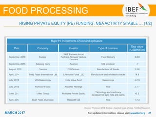 3131MARCH 2017 For updated information, please visit www.ibef.org
Source: Thompson ONE Banker, Assorted news articles, TechSci Research
RISING PRIVATE EQUITY (PE) FUNDING; M&A ACTIVITY STABLE … (1/2)
FOOD PROCESSING
Major PE investments in food and agriculture
Date Company Investor Type of business
Deal value
(USD million)
September, 2016 Swiggy
SAIF Partners, Accel
Partners, Norwest Venture
Partners
Food Delivery 33.80
September, 2015 Sahayog Dairy Acumen Milk producer 1.7
August, 2015 Cremica CX-Partners Manufacturer of Snacks 24.56
April, 2014 Bikaji Foods International Ltd Lihthouse Funds LLC Manufacturer and wholesale snacks 14.9
July, 2013 VKL Seasonings India Value Fund Seasonings 44.19
July, 2013 Kohinoor Foods Al Dahra Hordings Rice 21.17
June, 2013 Milltec Group Multiples Private Equity
Technology and machinery
developer for agro mills and plants
43.2
April, 2013 Bush Foods Overseas Hassad Food Rice 147.3
 